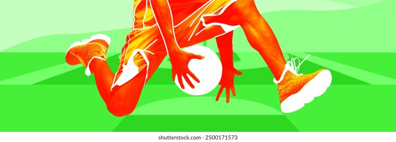 Close-up of basketball player leg, man in motion with ball, captured mid-dribble against vibrant green background. Athleticism. Contemporary art collage. Sport, competition, tournament concept. Banner - Powered by Shutterstock