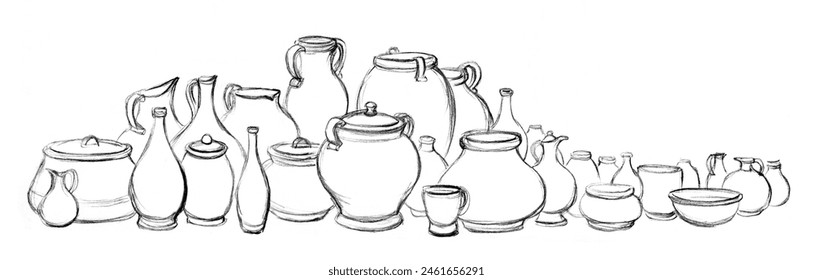 Closeup bible group many empty white rural wine water bottle ewer mug set. Rustic earthen mud food milk oil urn pan make shop hand drawn line biblical artist skill symbol style design souvenir product - Powered by Shutterstock