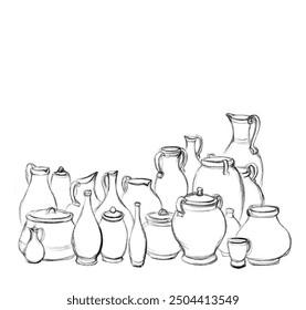 Closeup bible group many empty white rural wine water bottle ewer mug set. Rustic earthen mud food milk oil urn pan make shop hand drawn line biblical artist skill symbol style design souvenir product - Powered by Shutterstock