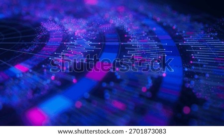 Closeup of Big Data complex round graph background. Quantum computing universe. Cyber space of AI technology. Futuristic graph. Digital qubit information presentation.