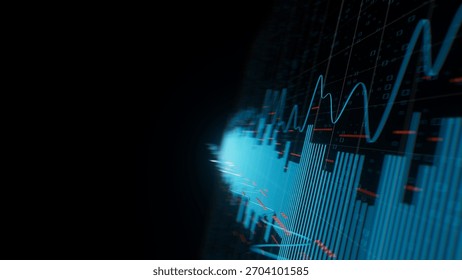 Closeup of Big Data sound complex graph background with shallow DOF. Cyber space of Audio AI technology. Futuristic graph. Digital audio information presentation. 3D Illustration