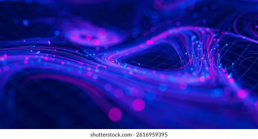 Closeup of Big data swirl patterns in futuristic cyberspace. Whirl flow of data in quantum digital network. Neon qubit stream with DOF. 3D Illustration