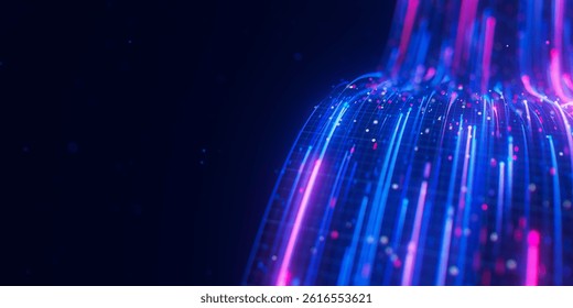 Closeup of bigdata light speed flow. Abstract digital data stream of quantum computing. Cyberspace of qubit trail waves. Modern tech information transmission. 3D Illustration