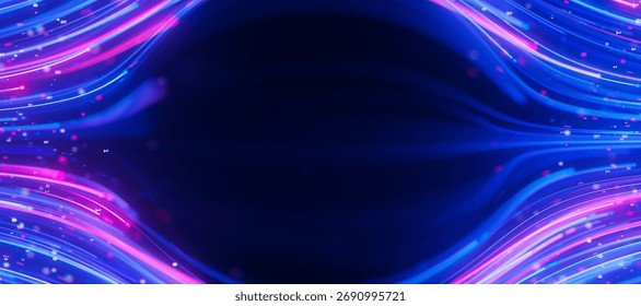 Closeup of bigdata light speed flow avoiding center. Abstract digital data stream of quantum computing. Cyberspace of qubit trail waves. Modern tech information transmission. 3D Illustration