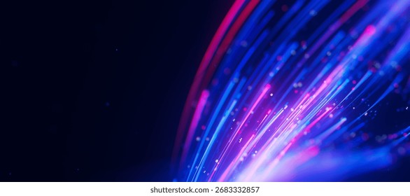 Closeup of bigdata light speed trails flow. Abstract digital data stream of quantum computing. Cyberspace of qubit trails. Modern tech information transmission. 3D Illustration
