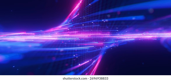 Closeup of bigdata light speed twisted flow with shallow DOF. Abstract digital data stream of quantum computing. Cyberspace of qubit trails. Modern tech information transmission. 3D Illustration