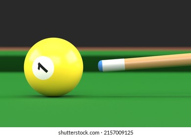 Close-up Of Billiard Ball Number One Yellow Color On Billiard Table, Snooker Aim The Cue Ball. Realistic Glossy Billiard Ball. 3d Rendering 3d Illustration