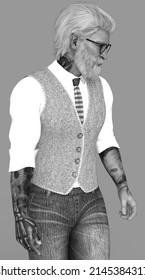 Close-up Black And White Image Of Marco, An Older Tattooed Bearded Silver Fox Man Wearing Hipster Glasses And Standing On An Isolated Background - 3D Illustration Cartoon Character Model Render 