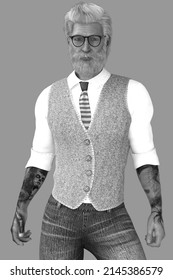 Close-up Black And White Image Of Marco, An Older Tattooed Bearded Silver Fox Man Wearing Hipster Glasses And Standing On An Isolated Background - 3D Illustration Cartoon Character Model Render 