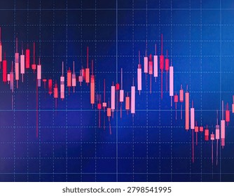 Close-up of a blue screen displaying red and white financial candlestick charts, showing market fluctuations