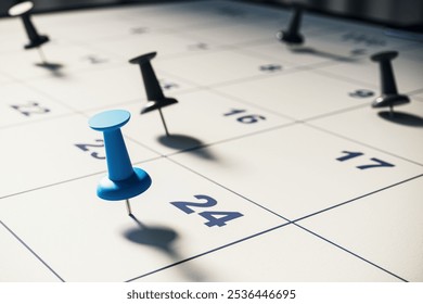 Close-up of a calendar with pushpins on various dates. Focus on the 24th is marked with a blue pin. Concept of task scheduling, time management. 3D Rendering. - Powered by Shutterstock