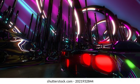 Close-up Of Car Stop Lights Riding In Neon Lit Tunnel, Music Video Background. 3d Illustration