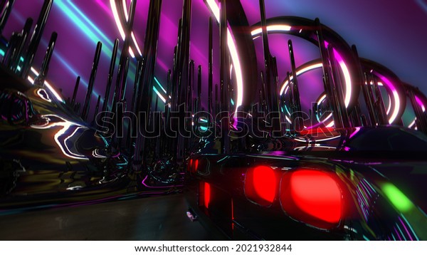 Close-up of car stop lights\
riding in neon lit tunnel, music video background. 3d\
illustration