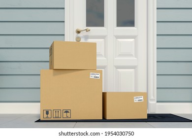 Close-up cardboard parcel boxes near entrance door. Parcel delivery service. Internet shopping, online purchases, e-commerce, shipping service concept. 3d rendering. 3d illustration.