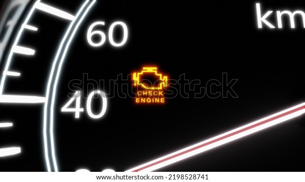 A close-up of the car\'s check engine fault\
warning light on the car dashboard,\
