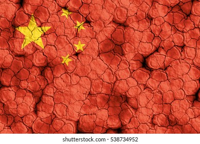 Close-up Of China Flag On A Cracked Soil, Background Texture (High-resolution 3D CG Rendering Illustration) Famine And Drought, Natural Disaster.