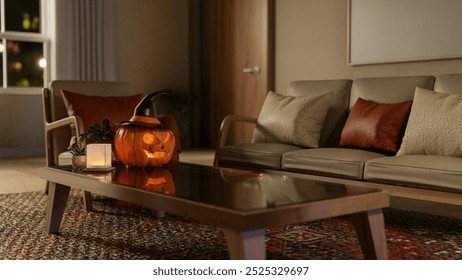 A close-up of a coffee table display space featuring a Halloween pumpkin light and decor in a cozy contemporary living room at night. Home on Halloween night. 3d render, 3d illustration
