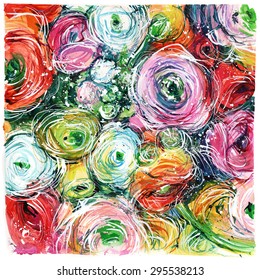 close-up colorful bouquet of buttercups, roses/ watercolor painting