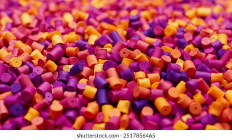 Closeup of colorful mix plastic polypropylene granules, masterbatch polymer grain with shallow dof. HDPE or PVC resin pellets. 3d render illustration. 3D Illustration