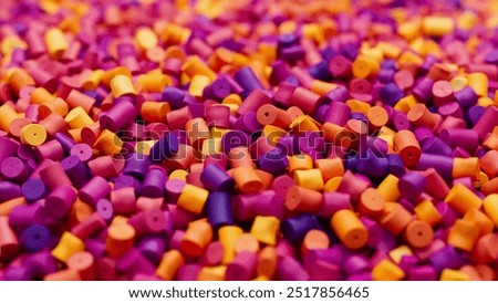 Closeup of colorful mix plastic polypropylene granules, masterbatch polymer grain with shallow dof. HDPE or PVC resin pellets. 3d render illustration. 3D Illustration