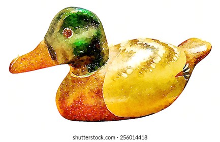 Closeup of colorful watercolor hand-painted art illustration : wooden duck (High-resolution 2D CG illustration)