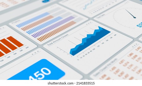 Close-up Of A Computer Monitor, Dashboard View Of An ERP Software Enterprise Resource Planning, Or A CRM Software Customer Relationship Management, Charts, Data And Reports, Interface (3d Render)