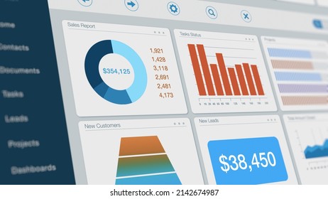 Close-up Of A Computer Monitor, Dashboard View Of An ERP Software Enterprise Resource Planning, Or A CRM Software Customer Relationship Management, Charts, Data And Reports, Interface (3d Render)