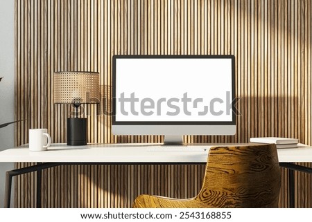 Closeup of a computer screen on a white desk with a lamp and mug, wooden chair, and textured wall background. Office or business concept. 3D Rendering
