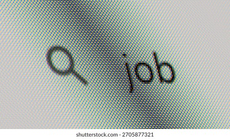 Close-up of a computer screen showing the word job typed in a search bar. Labor market concept. 3D render