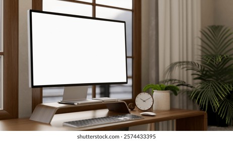 A close-up of a computer with a white screen mockup and decor placed on a wooden table, set in a cozy contemporary room. home office, workspace, computer desk, 3d render, 3d illustration