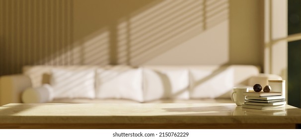 Close-up, Copy Space For Montage Your Product Display On Modern Table Or Coffee Table Against Blurred Minimal Cozy Living Room In The Background. 3d Rendering, 3d Illustration