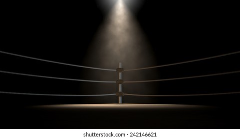A closeup of the corner of an old vintage boxing ring surrounded by ropes spotlit by a spotlight on an isolated dark background
