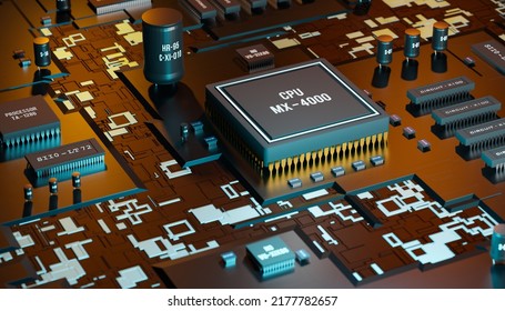 Close-up CPU And Semiconductor On The Computer Motherboard With Main Processor, Transistor, Relays And Random Access Memory. Computer Technology And Integrated Circuit Concept. 3D Illustration