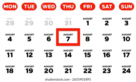 Close-up of the date August 7th marked with a red cursor on the wall calendar 2025