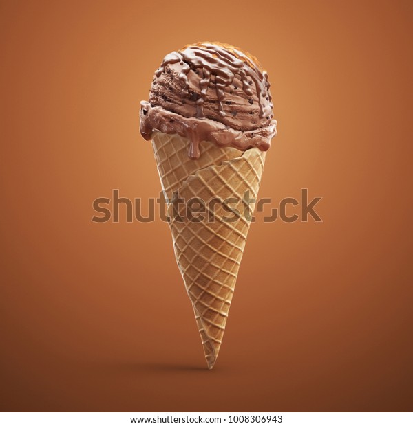 茶色の背景にワッフルコーンにおいしいコーヒーアイスクリームとチョコレートクリームとキャラメルの接写 3dイラスト のイラスト素材
