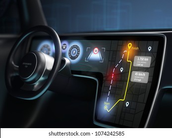 Close-up Of Digital Dashboard Of Autonomous Car, Driverless Car Technology. 3D Illustration.