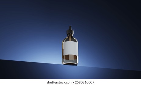 Closeup Dropper bottle isolate on blue scene lighting studio display background. Cosmetic Product idea concept. 3D Rendering.