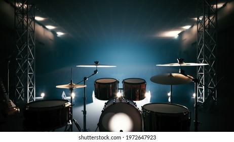 Close-up Of A Drum Kit. Drum Kit Against The Light. Drum Set Equipment In Studio No People. Different Musical Instruments On A Stage. 3d Illustration