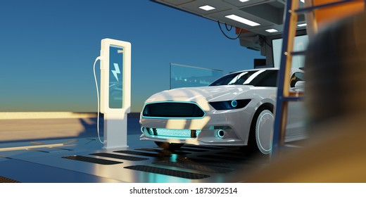 Closeup Electric Car At Futuristic  Charging Station. Selected Focusing. Eco Alternative Transport And Battery Charging Technology Concept. Photorealistic 3D Rendering.