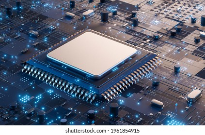 Closeup of electronic circuit board with CPU microchip electronic components futuristic big data connection technology concept .