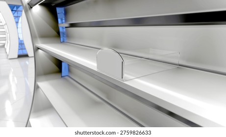 Close-up of empty clear display organizer box on supermarket shelf. 3d illustration
