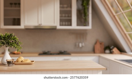 A close-up of an empty display space on a minimalist hardwood kitchen island, set in a minimalist, contemporary kitchen. 3d render, 3d illustration