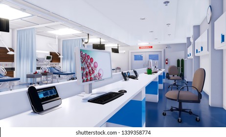 Close-up Of Empty Nurses Station With Computer Screen And Communications Equipment In Emergency Room Of Modern Hospital. With No People 3D Illustration On Health Care Theme From My 3D Rendering File.