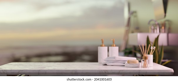 Closeup, Empty space on marble tabletop with hotel amenities, towels, aroma diffusers over blurred background, 3d rendering, 3d illustration