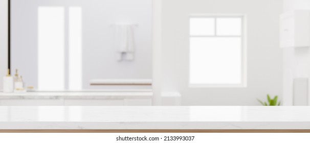 Close-up, Empty Space For Product Display On Modern White Tabletop Over Blurred Elegance Bathroom Interior In The Background. 3d Rendering, 3d Illustration