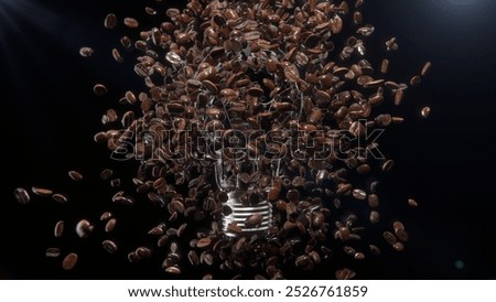 Closeup Exploding coffee beans turn into light bulbs isolate on black background. 3D render.