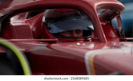 Close-up of a focused pilot driver in a red racing car, wearing a helmet, preparing for a high-speed race. Realistic 3d rendering. 3D Illustration