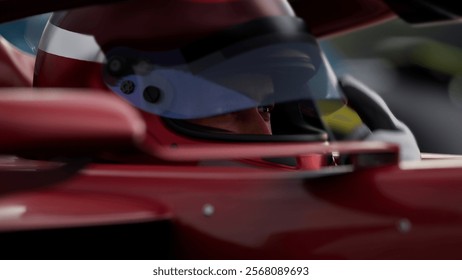 Close-up of a focused pilot driver in a red racing car, wearing a helmet, preparing for a high-speed race. Realistic 3d rendering. 3D Illustration