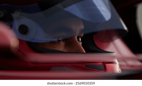 Close-up of a focused pilot driver in a red racing car, wearing a helmet, preparing for a high-speed race. Realistic 3d rendering. 3D Illustration