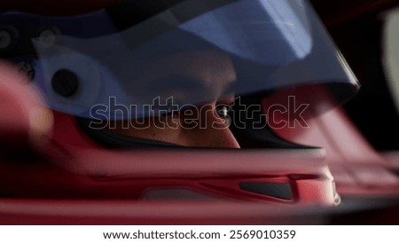 Close-up of a focused pilot driver in a red racing car, wearing a helmet, preparing for a high-speed race. Realistic 3d rendering. 3D Illustration